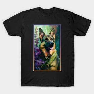 German Shepherd Dog Vibrant Tropical Flower Tall Digital Oil Painting Portrait T-Shirt